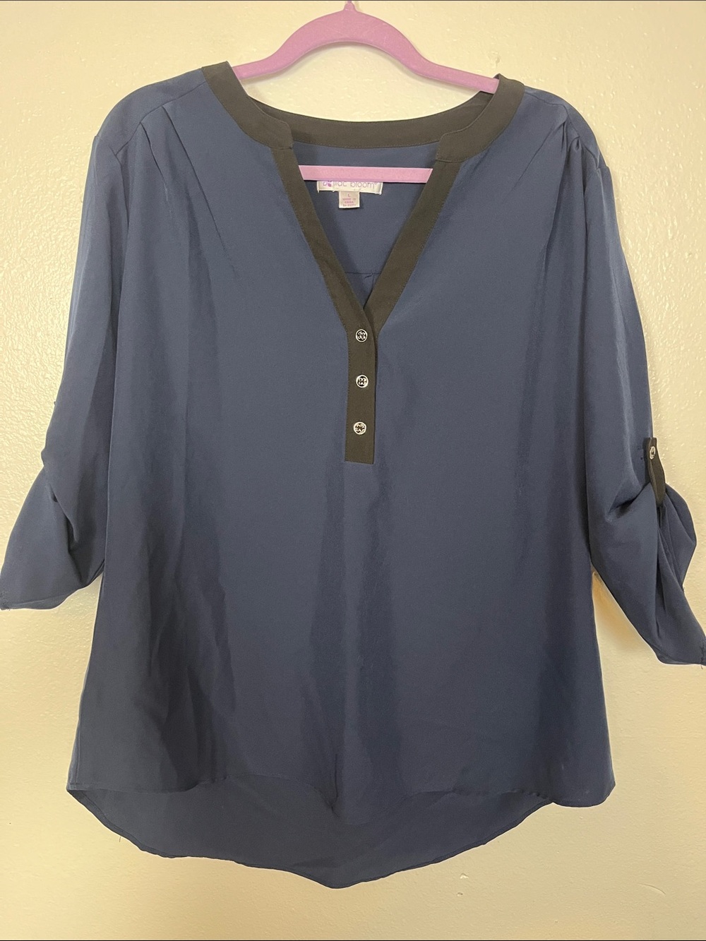 Navy V-Neck Tunic with Black Trim - Lightweight Roll-Sleeve Top
